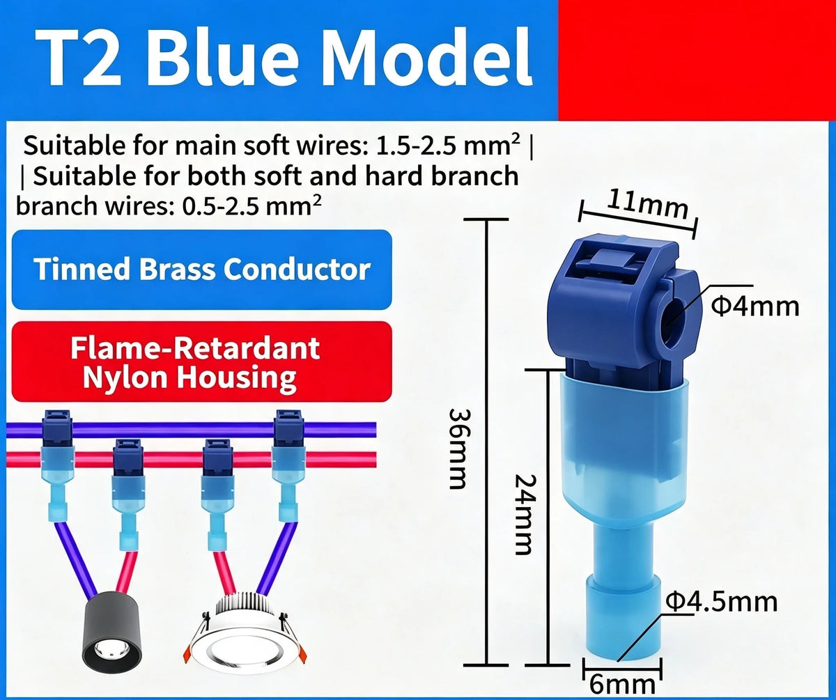 Blue T2 Blue Model connector featuring a tinned brass conductor and flame-retardant nylon housing.