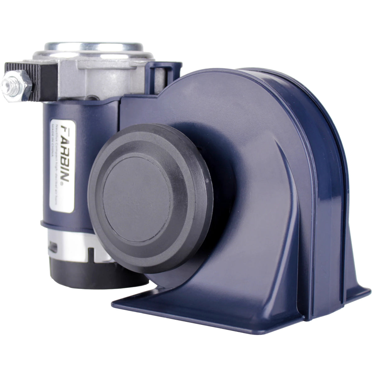 A blue air horn kit with a large horn and mounting hardware is shown against a white background.
