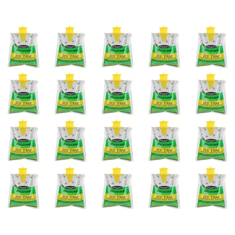 A grid of twelve hanging fly trap bags with bait, packaged in clear plastic, displayed against a white background.