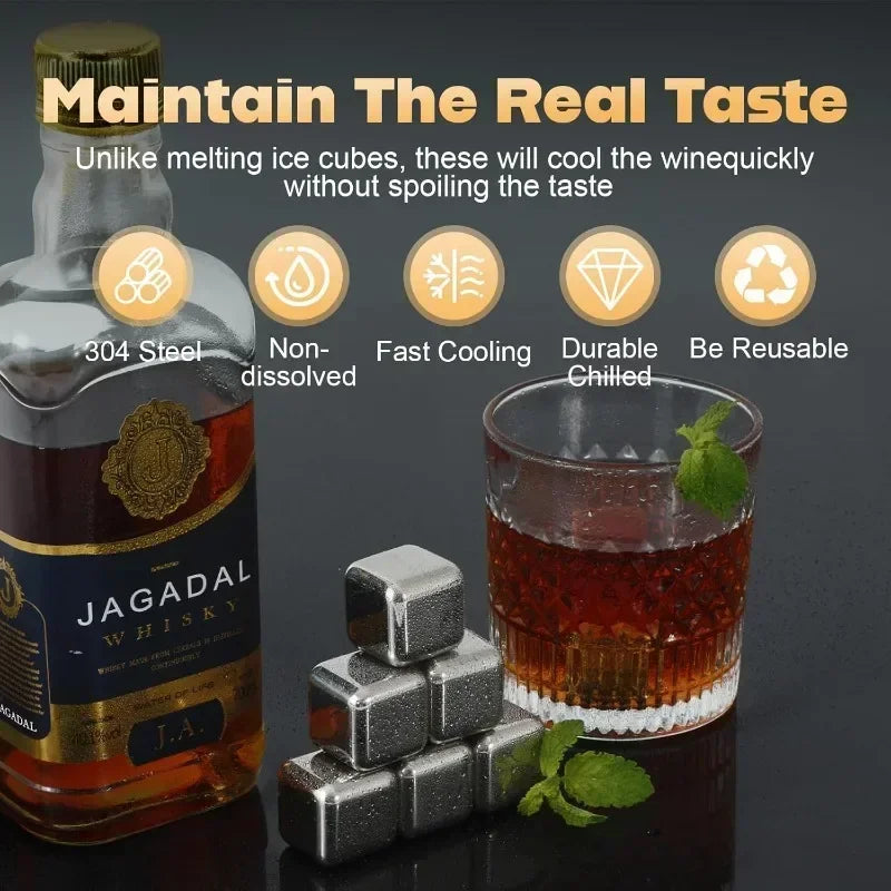 Reusable Stainless Steel Whiskey Stones with Tongs