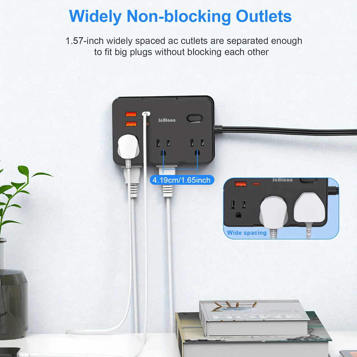 A black flat power strip with multiple outlets and USB ports is shown against a white wall.