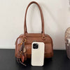 Women's Retro PU Leather Shoulder Bag with Multiple Pockets & Detachable Charm