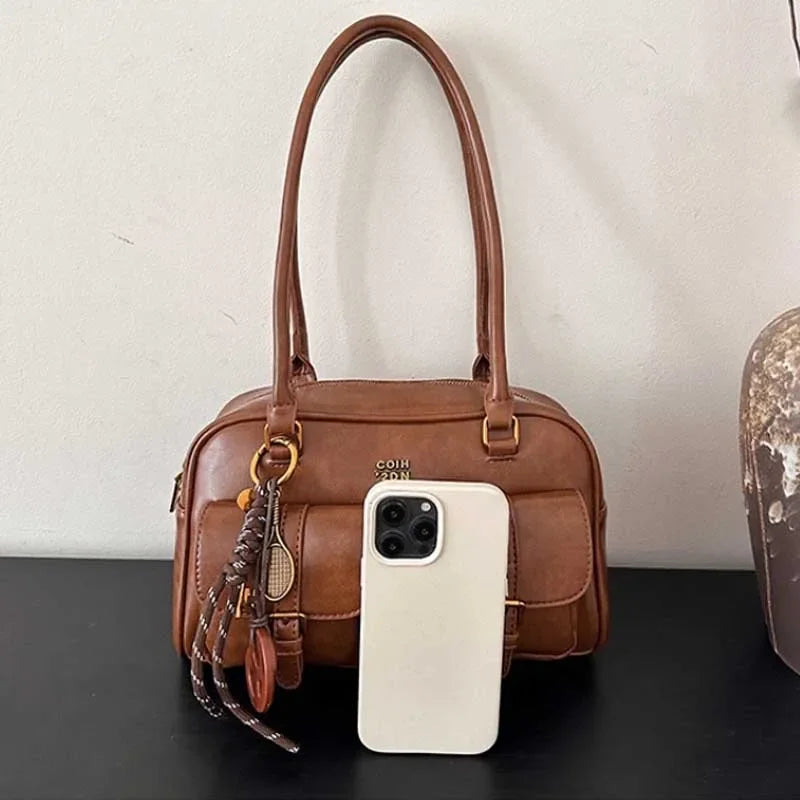Women's Retro PU Leather Shoulder Bag with Multiple Pockets & Detachable Charm
