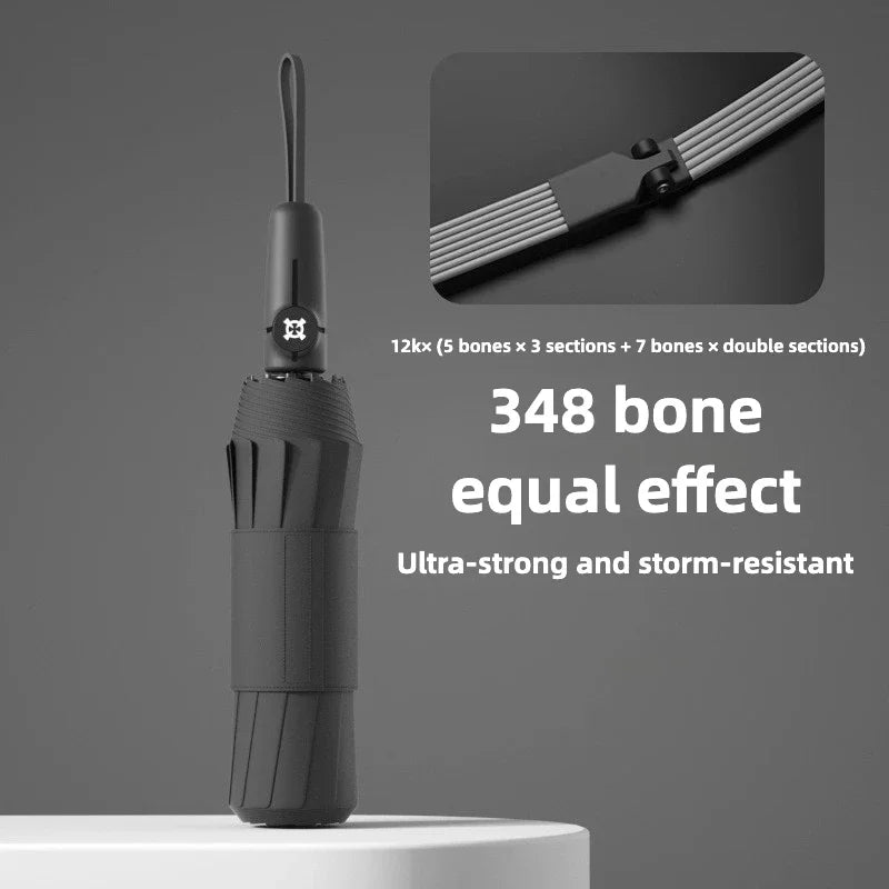 A black automatic folding umbrella with a silver handle and internal bone structure is shown against a gray background.