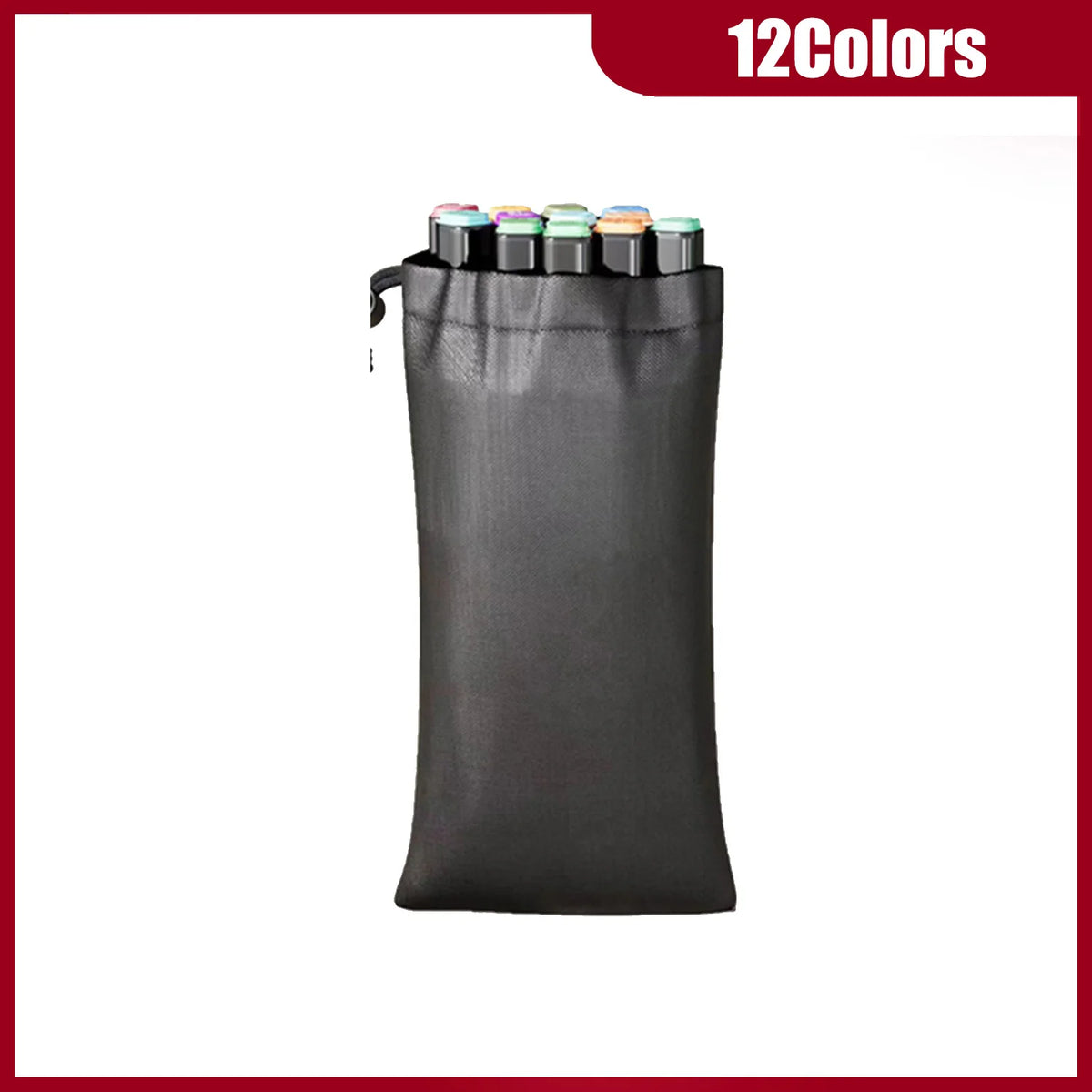 A black storage pouch containing twelve alcohol art markers with various colored tips.