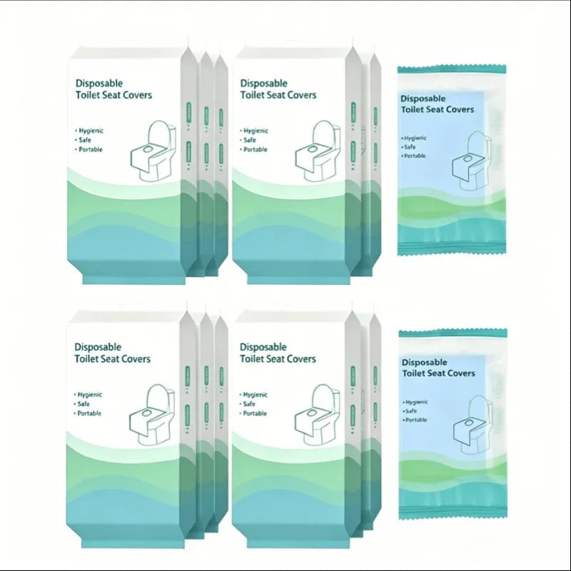 Various packages of disposable toilet seat covers in green and blue packaging.