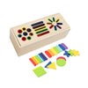 A wooden box with various colored geometric shapes used for sorting and learning.