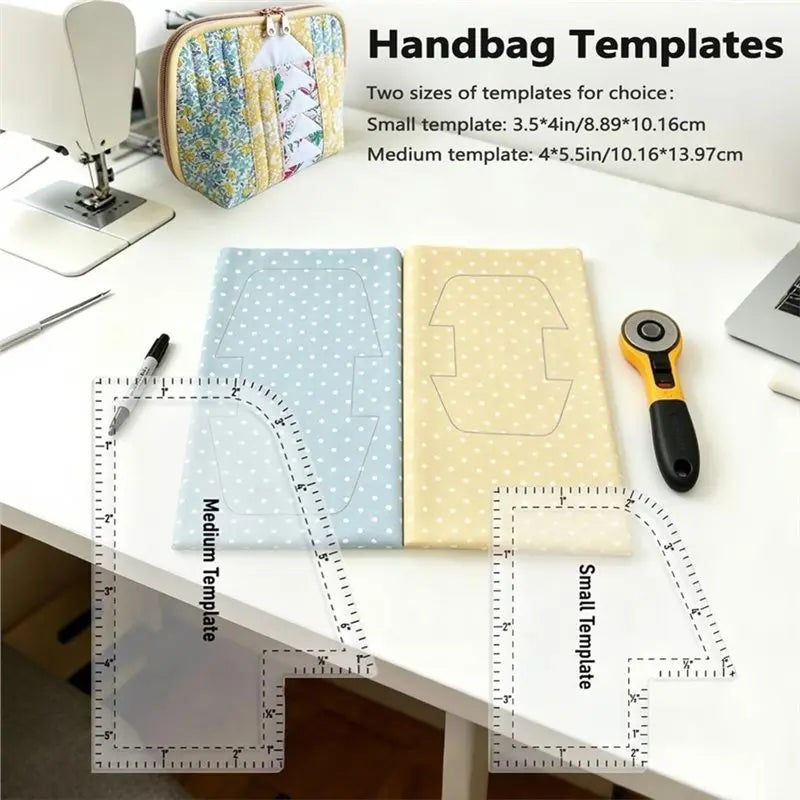 Handbag templates for small and medium sizes displayed on a white table with measuring tools.