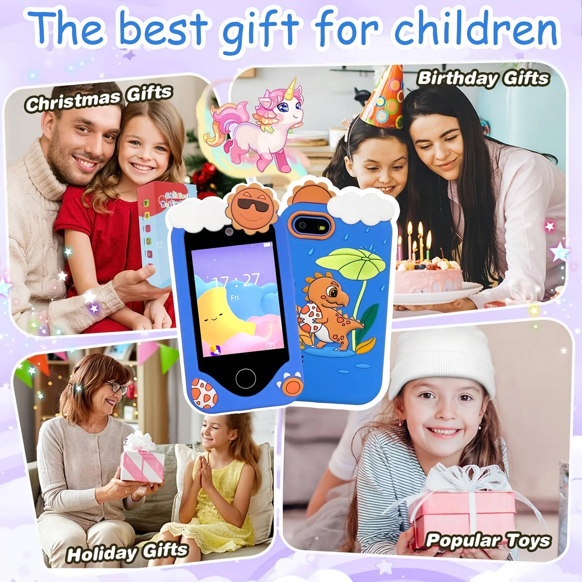 A collage showing various gift ideas for children including smart phone toys, birthday gifts, and popular toys.