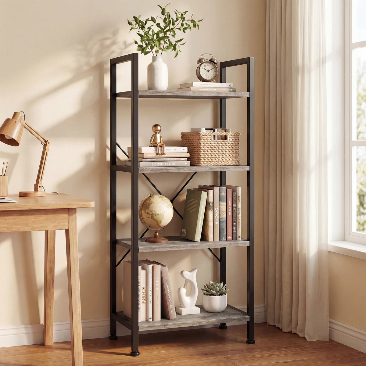 Industrial 4-Tier Tall Bookshelf with Graduated Shelves