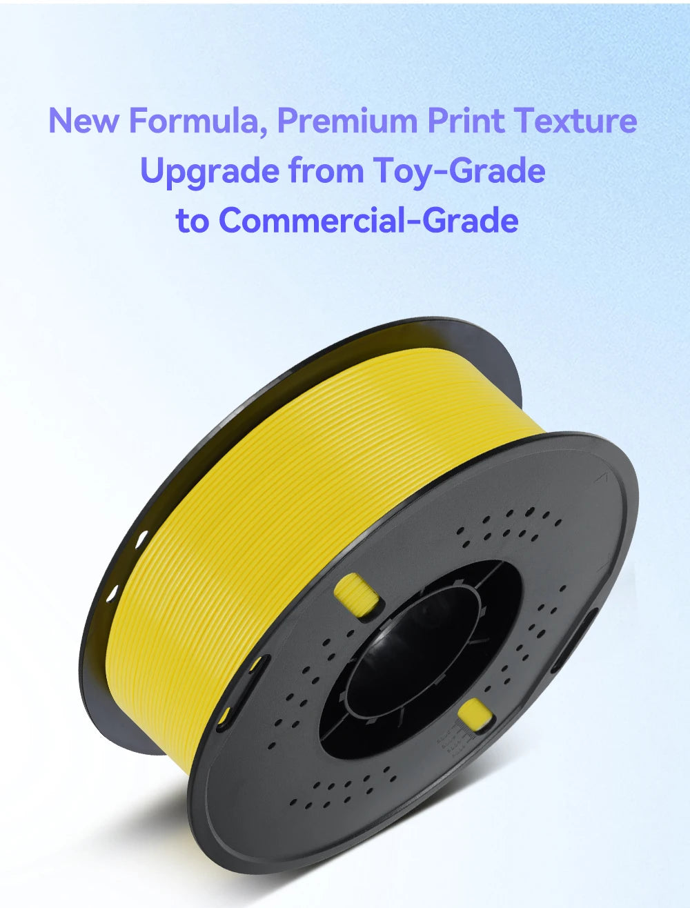 A yellow spool of PLA 3D printer filament is shown against a white background.