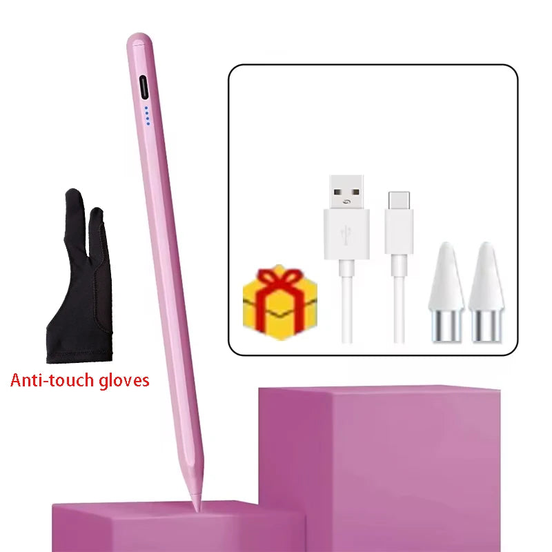 Un bolígrafo stylus rosa junto a guantes anti-tacto y cables de carga en un soporte morado.