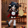 A black-haired BJD collectible figurine dressed in a red and white outfit holding a large fan.