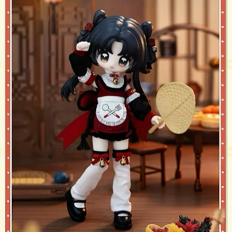 A black-haired BJD collectible figurine dressed in a red and white outfit holding a large fan.