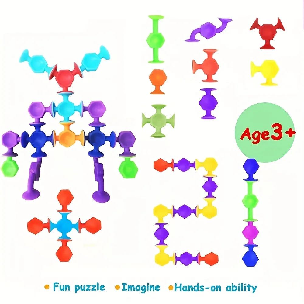 A set of colorful silicone suction bath toys and puzzles for toddlers featuring various shapes and colors.