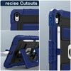 A blue shockproof hybrid case for an iPad showing precise cutouts and a built-in stand and pencil holder.