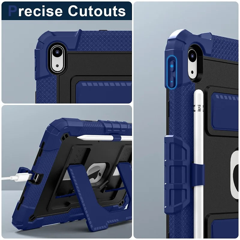 A blue shockproof hybrid case for an iPad showing precise cutouts and a built-in stand and pencil holder.