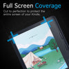 A close-up of a Kindle screen protected by a full screen coverage anti-glare matte screen protector.