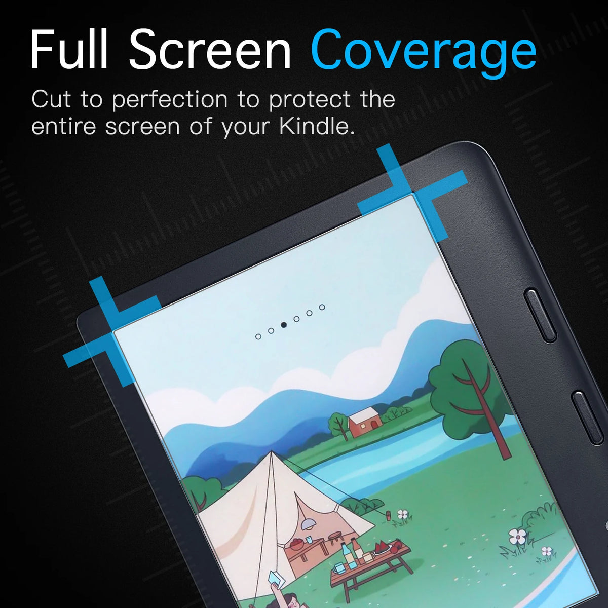 A close-up of a Kindle screen protected by a full screen coverage anti-glare matte screen protector.
