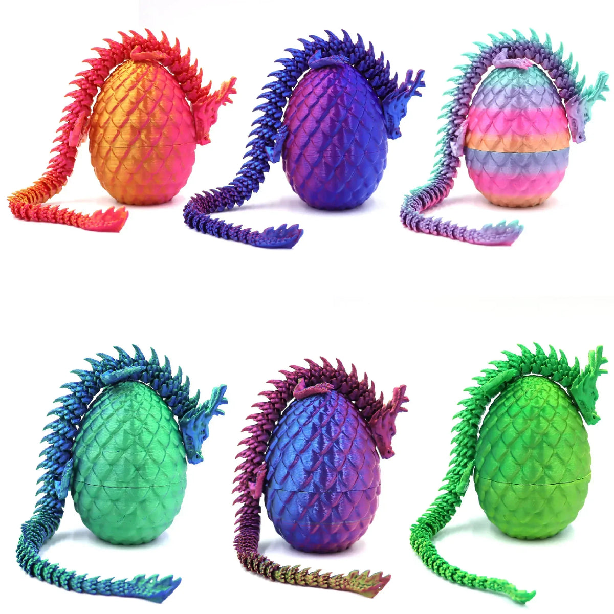 Three articulated dragon figurines with glowing eggs in various colors and textures.