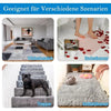 A collection of reusable non-slip rug grippers shown in various contexts: living room, bathroom, stairs, and bedroom.