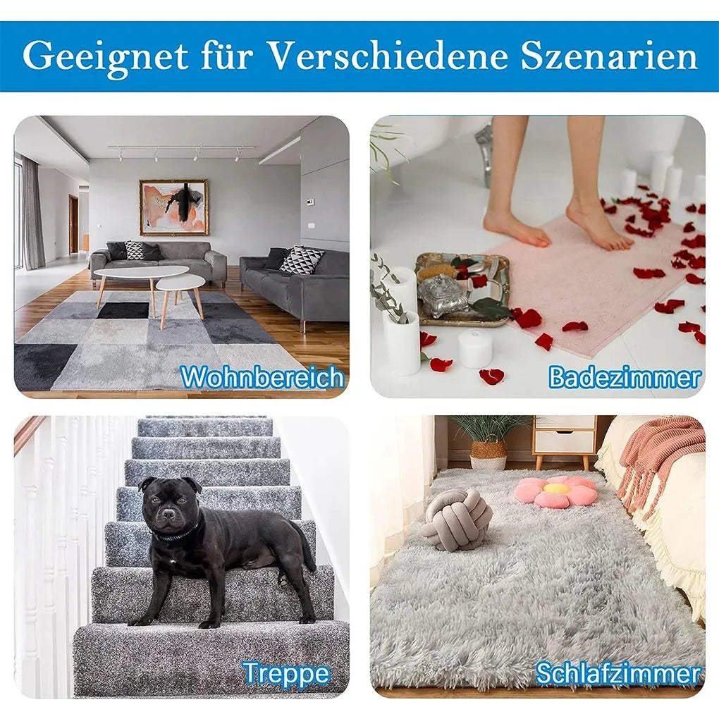 A collection of reusable non-slip rug grippers shown in various contexts: living room, bathroom, stairs, and bedroom.