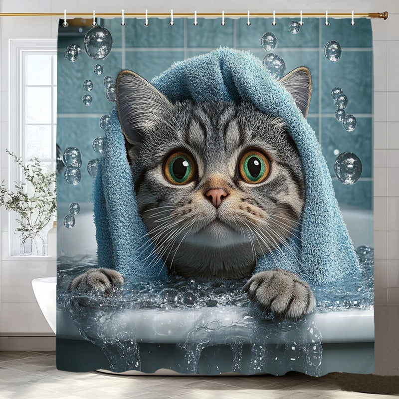 Niedlicher Seemann-Katzen-Duschvorhang mit Hai-Reiter