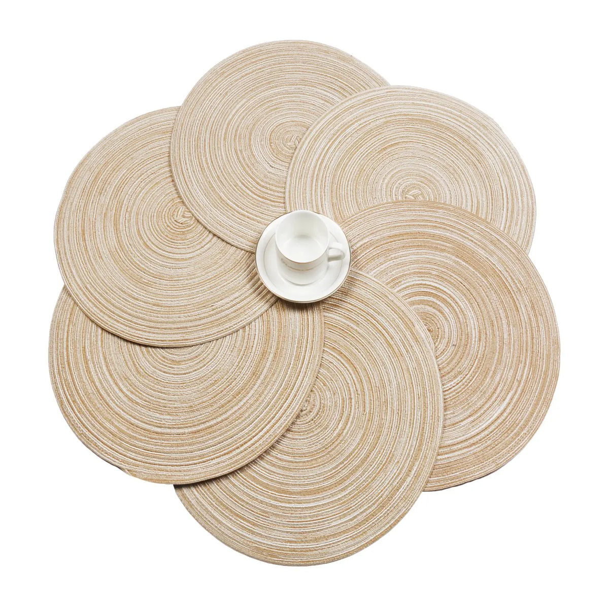 A set of six round, woven placemats in a natural beige color.
