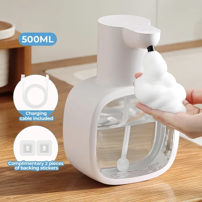A white wall-mounted infrared automatic foam soap dispenser with a pump and included accessories.