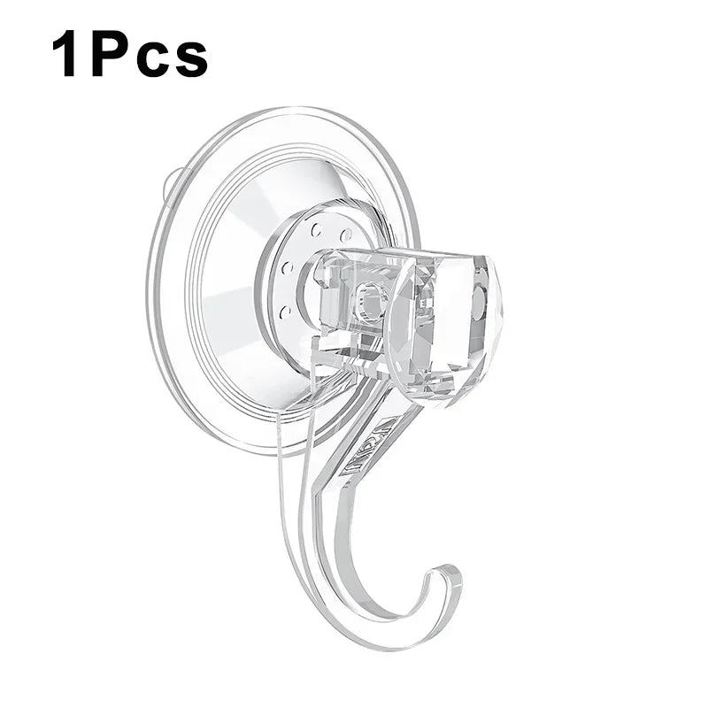A clear heavy-duty suction cup hook with a curved handle for hanging items.