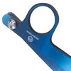 A blue precision titanium-coated tailor shears tool with a circular opening and a silver rivet.