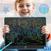 A young boy is drawing a dinosaur on a digital LCD writing tablet with a blue stylus.