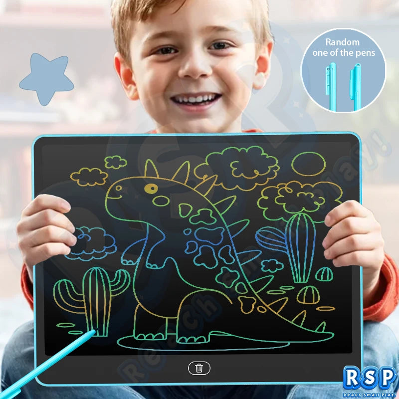 A young boy is drawing a dinosaur on a digital LCD writing tablet with a blue stylus.
