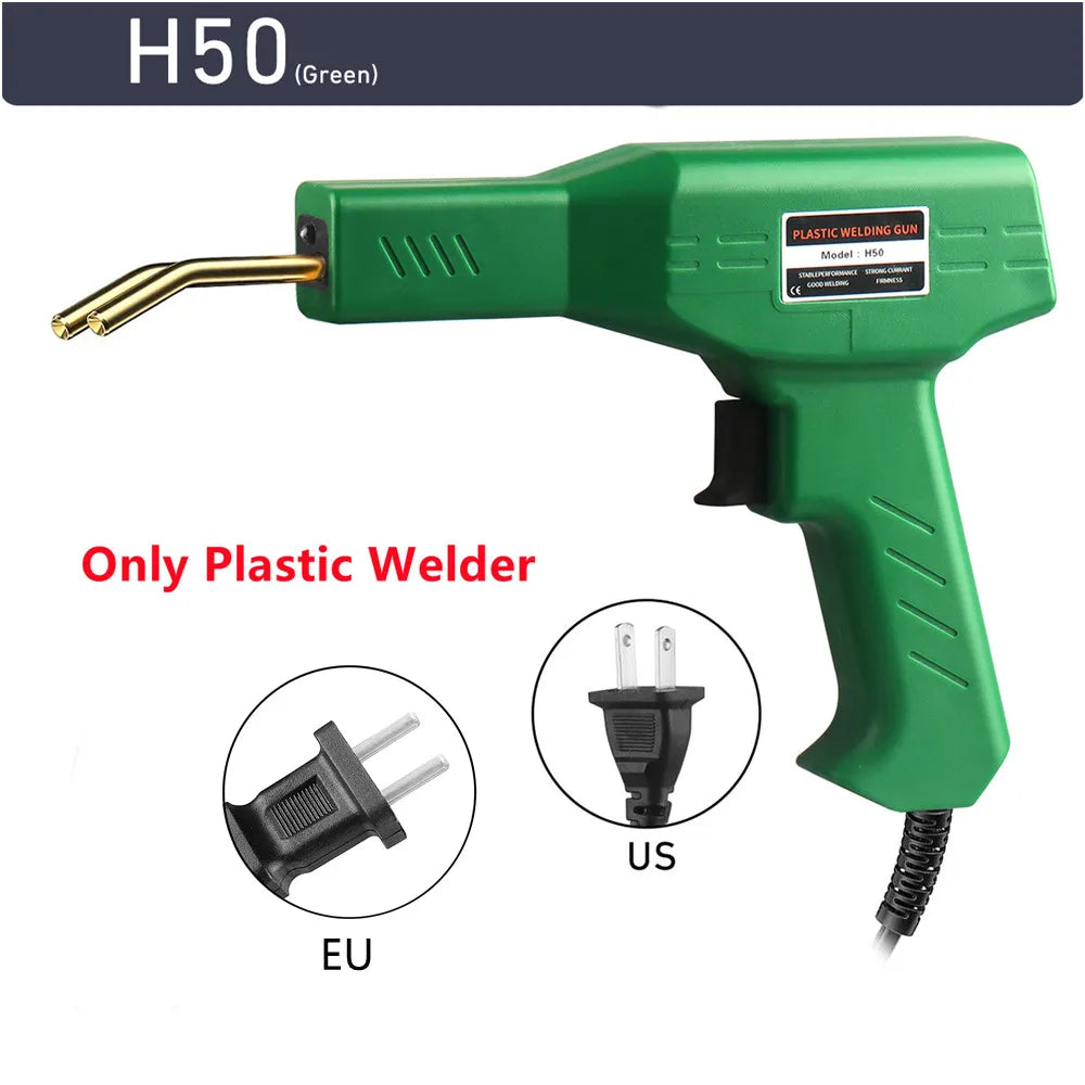 Green H50 plastic welding gun with a nozzle and power cord for plastic repair