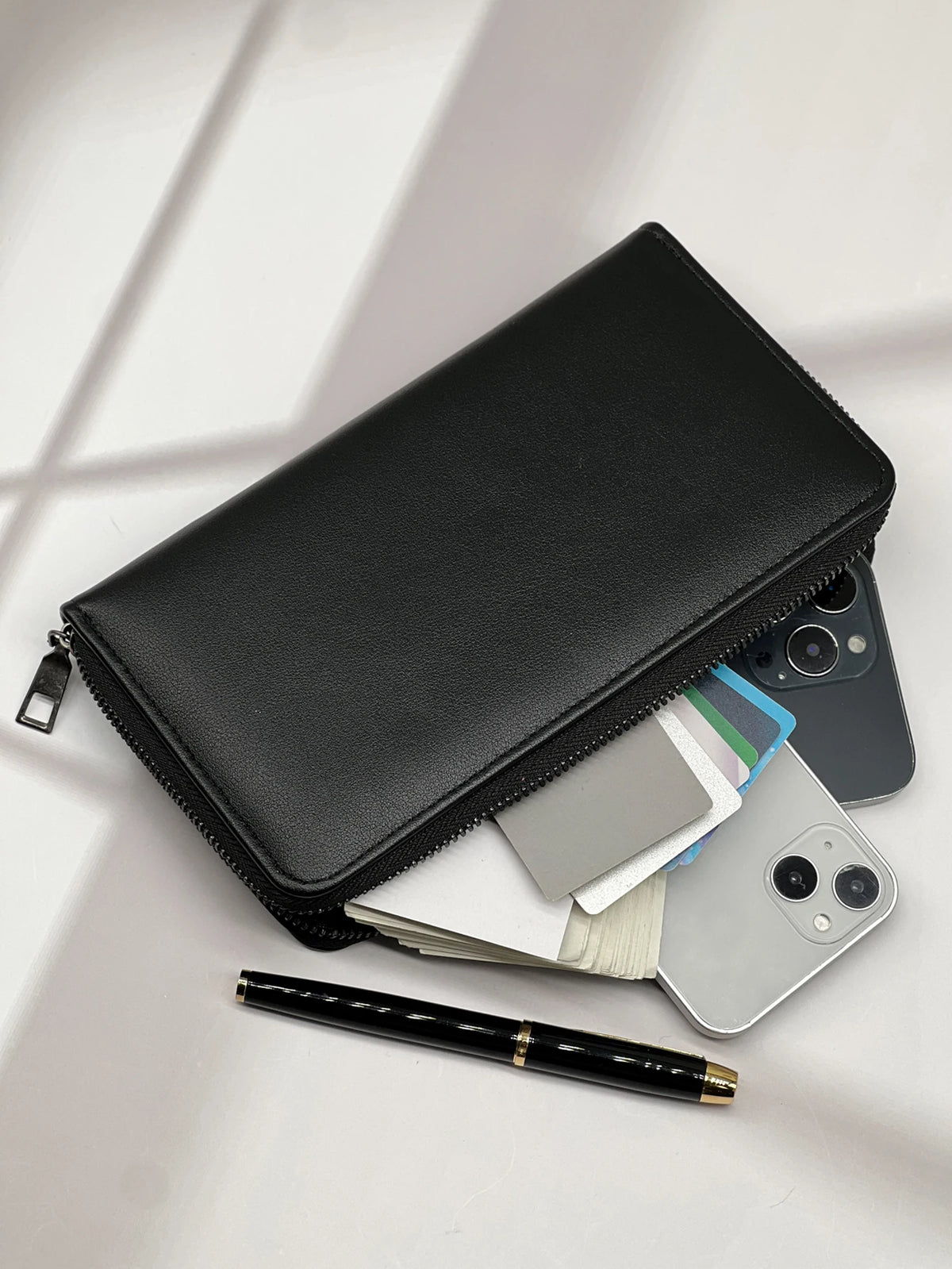 Classic Black Men's Leather Wallet with Phone Pocket