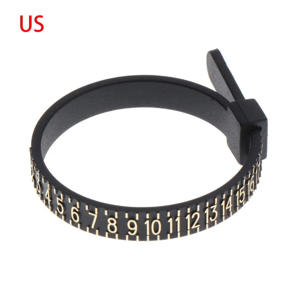 A black ring sizer measuring tool with a magnifying feature and numbered scale.