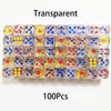 A transparent plastic box containing 100 multicolor acrylic D6 dice in various colors and patterns.