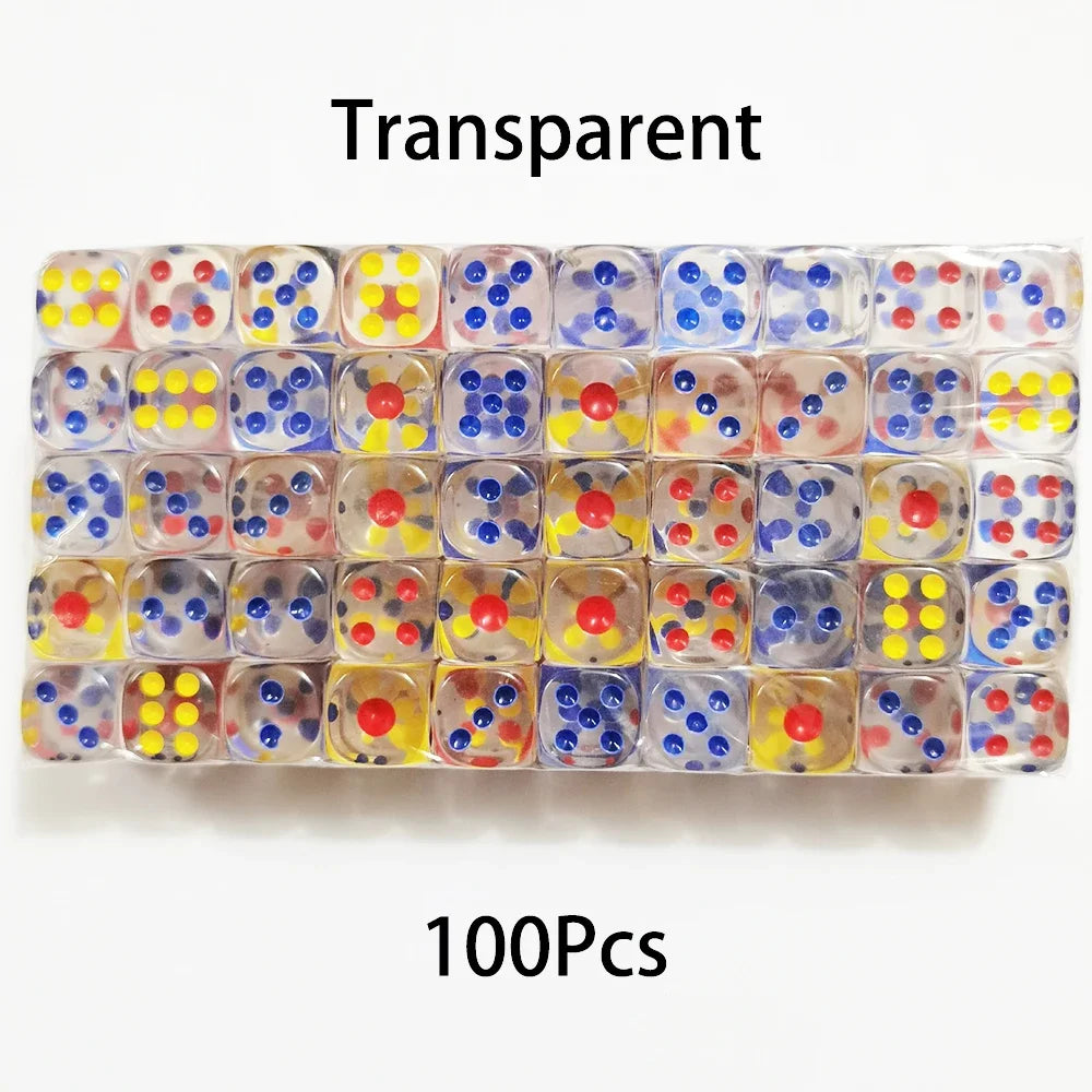 A transparent plastic box containing 100 multicolor acrylic D6 dice in various colors and patterns.
