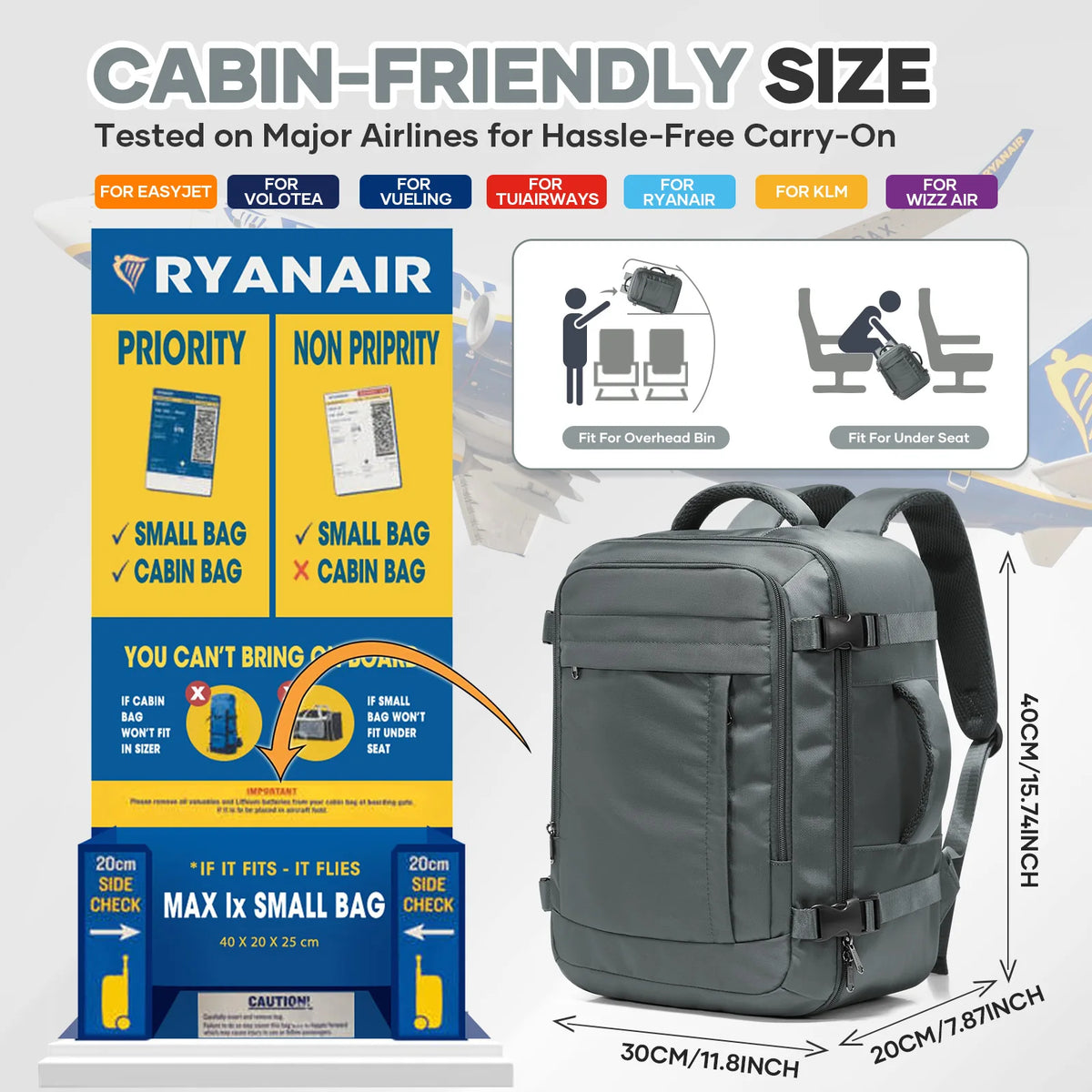 A gray compact underseat travel backpack shown with size measurements and airline compatibility information.