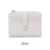 A white premium PU leather bi-fold wallet with stitched detailing and a leather pull tab.