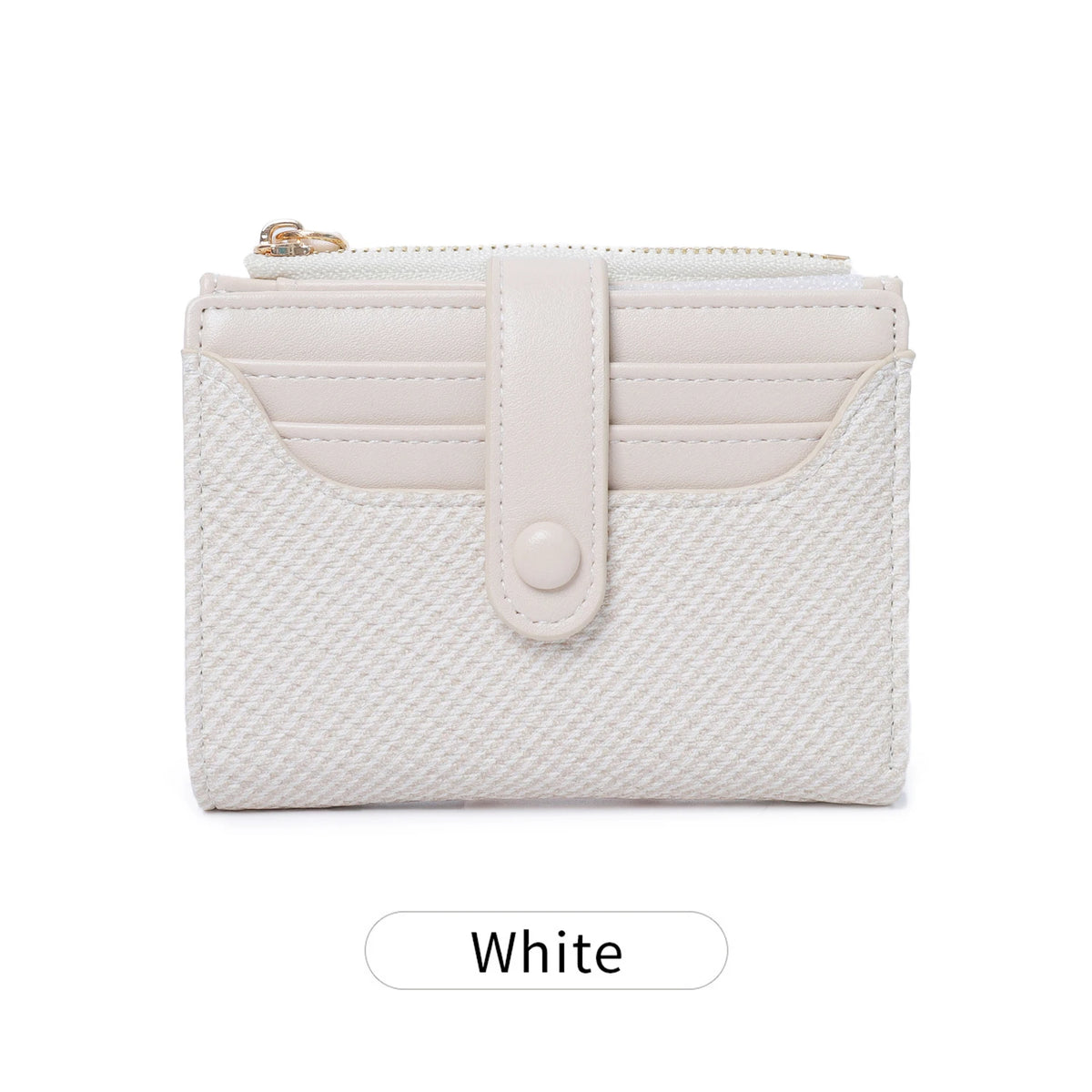 A white premium PU leather bi-fold wallet with stitched detailing and a leather pull tab.
