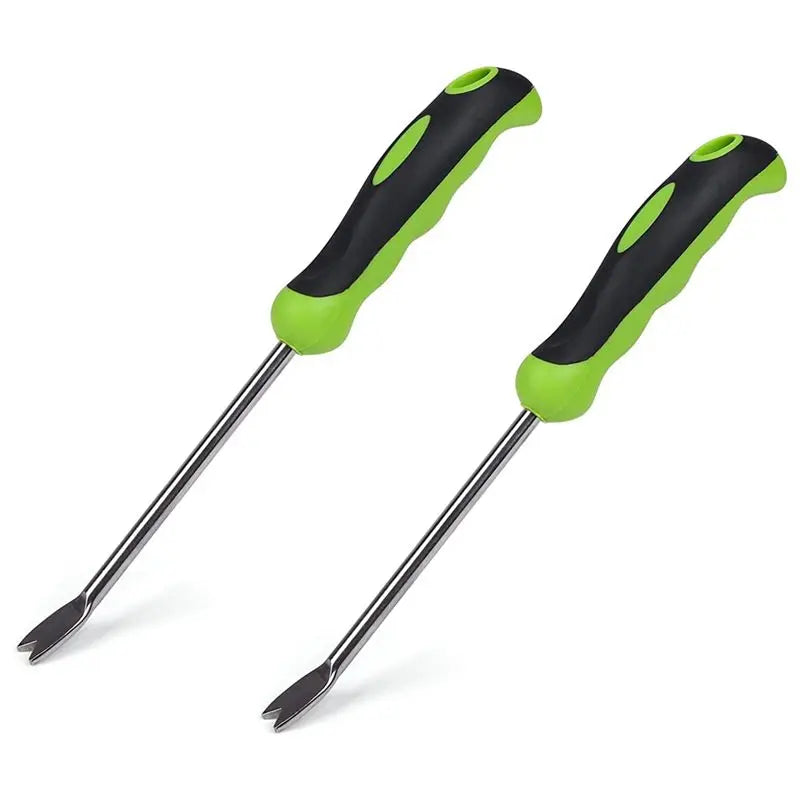 A set of two ergonomic stainless steel weeder tools with soft-grip handles in black and lime green.