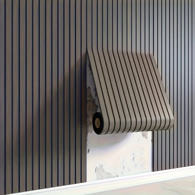 A modern, vertical, ribbed metal wall tile fixture mounted on a dark gray wood-grain panel.