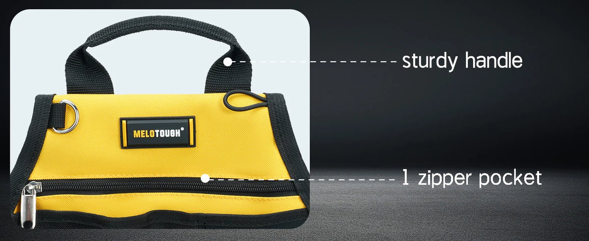 Yellow Melotough tool pouch with a sturdy handle and one zippered pocket.