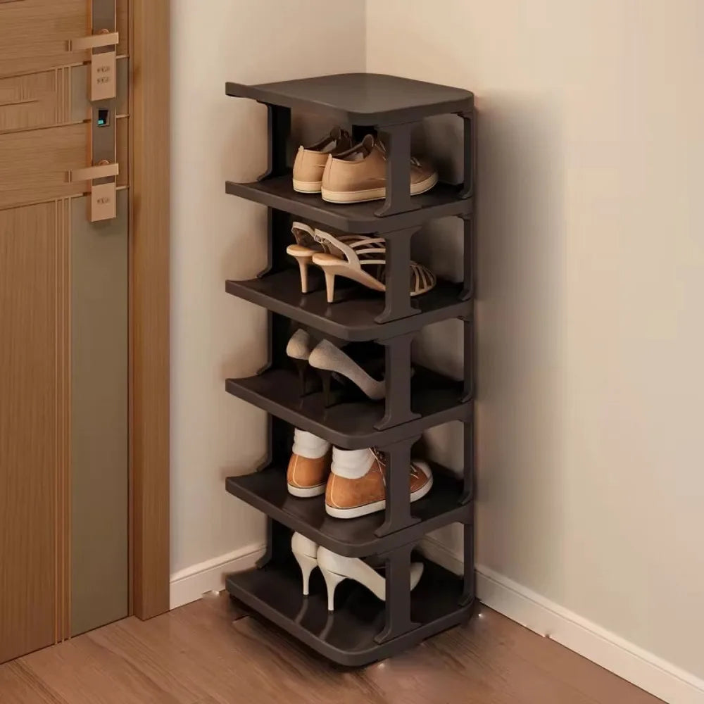 A dark gray vertical shoe rack with five tiers for storing and organizing shoes.
