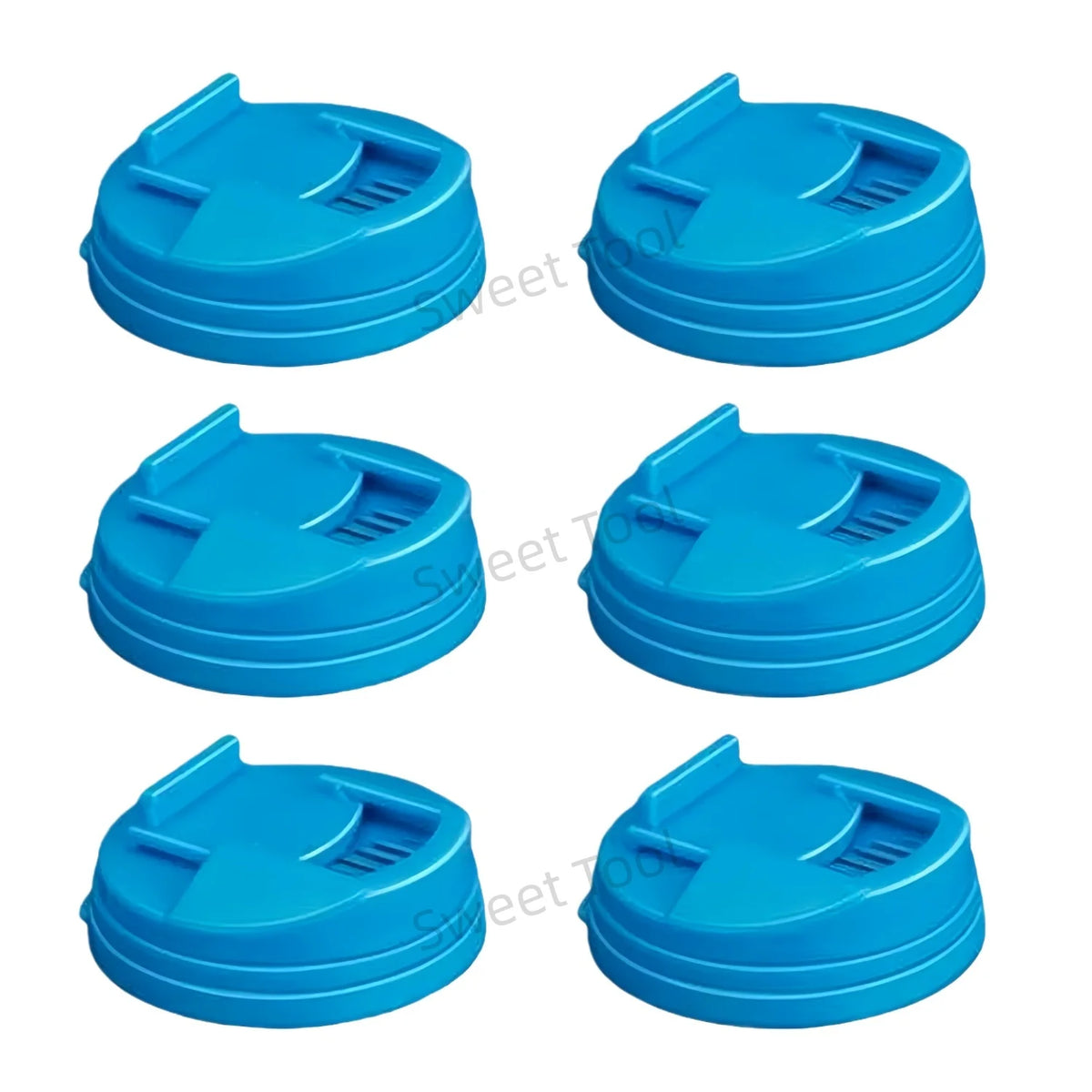 Six blue reusable silicone can covers shown from various angles.