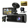 A black dash cam device with a lens and mounting bracket, along with an accessory camera, demonstrating full HD 1080P recordi
