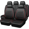 A full set of black leather car seat covers with headrests and seat cushions.