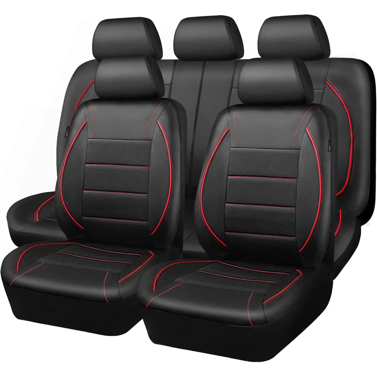 A full set of black leather car seat covers with headrests and seat cushions.