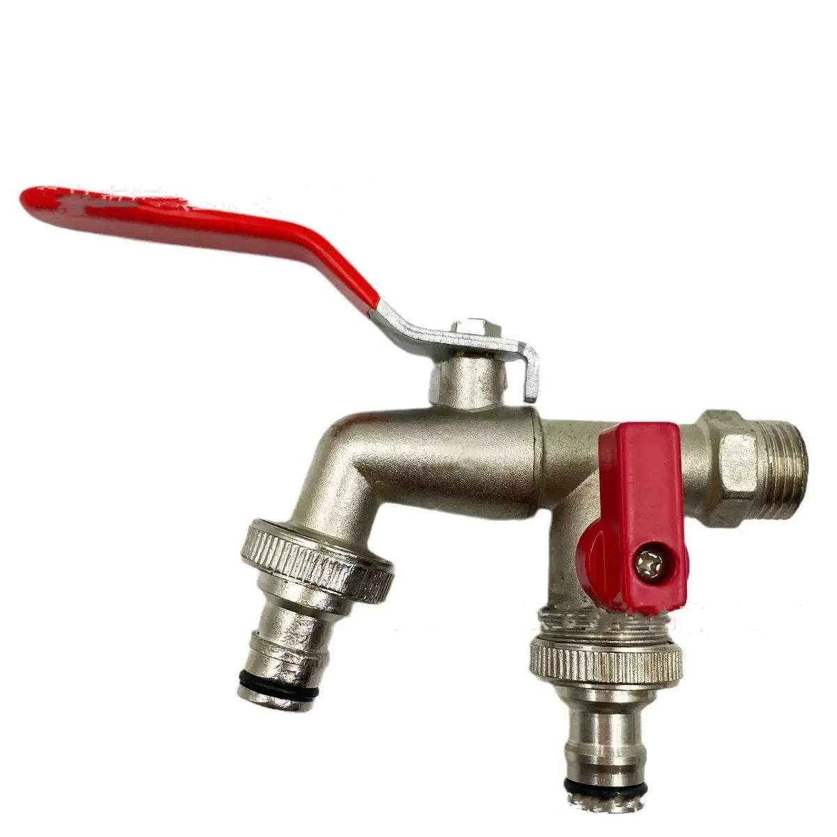 A brass garden water faucet with a red lever handle and threaded connections.